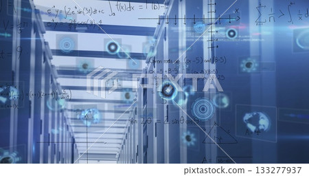 Displaying central server cabinets lining data center corridor, with holographic formula overlays Displaying central server cabinets lining data center corridor, with holographic formula overlays 133277937