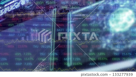 Displaying stock tickers and percentages with yellow line charts on glass inside finance office Displaying stock tickers and percentages with yellow line charts on glass inside finance office 133277939