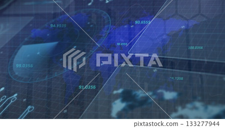 Presenting interface displaying world map in control panel, with numeric readouts and radar overlay Presenting interface displaying world map in control panel, with numeric readouts and radar overlay 133277944