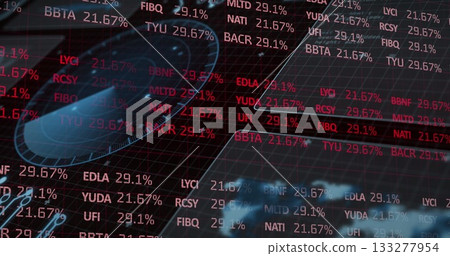 Displaying alphanumeric codes and percentage values on financial trading screen with blue circle Displaying alphanumeric codes and percentage values on financial trading screen with blue circle 133277954