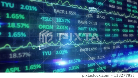 Displaying luminous electronic stock market data on trading desk screen, with neon green line graph Displaying luminous electronic stock market data on trading desk screen, with neon green line graph 133277955