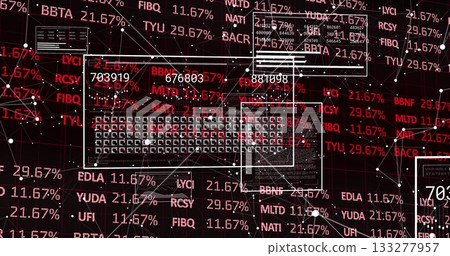Network visualization panels floating in dashboard, with red ticker codes, percentage values, nodes Network visualization panels floating in dashboard, with red ticker codes, percentage values, nodes 133277957