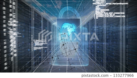 Floating holographic lock lighting server corridor, with glowing blue globe and digital grid lines 133277966