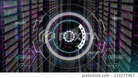 Displaying HUD scanning shelving aisle, with concentric rings, data panels, targeting reticles Displaying HUD scanning shelving aisle, with concentric rings, data panels, targeting reticles 133277967
