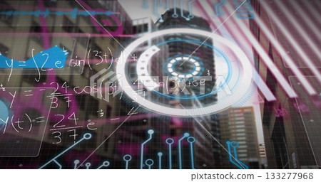 Showing HUD displaying equations, circuit traces and waveforms on office facade in city center Showing HUD displaying equations, circuit traces and waveforms on office facade in city center 133277968