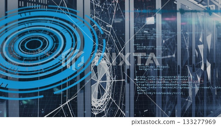 Featuring server rack displaying wireframe sphere in data center with blue circles and code 133277969
