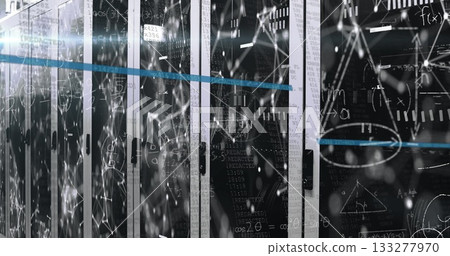 Server cabinets behind glass flashing LEDs in data center, network overlays, horizontal blue line Server cabinets behind glass flashing LEDs in data center, network overlays, horizontal blue line 133277970