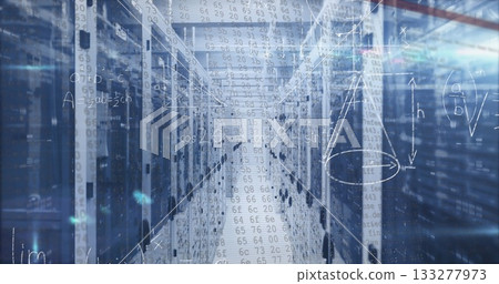 Server racks glowing under blue light in data center corridor, with code and math diagrams overlay 133277973