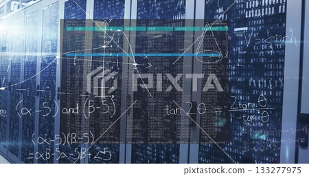 Displaying server racks featuring floating code tables, graphs and formulas in data center corridor Displaying server racks featuring floating code tables, graphs and formulas in data center corridor 133277975