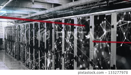 Extending server cabinets in data center, displaying network equipment, overlay, red line Extending server cabinets in data center, displaying network equipment, overlay, red line 133277978