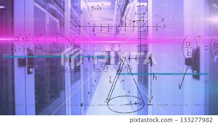 Illuminating data centre walkway, showing server racks with cable trays and magenta light streaks Illuminating data centre walkway, showing server racks with cable trays and magenta light streaks 133277982