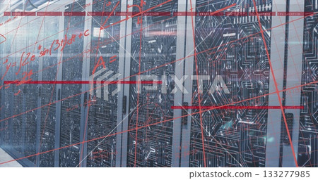 Displaying server racks holding circuit boards and LED lights in data center hall, with red overlay Displaying server racks holding circuit boards and LED lights in data center hall, with red overlay 133277985