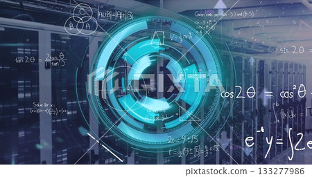 Projecting blue-green holographic interface showing diagrams in data center, with racks cables Projecting blue-green holographic interface showing diagrams in data center, with racks cables 133277986