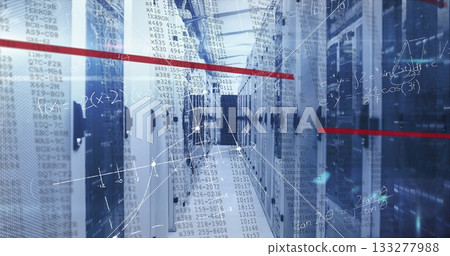 Displaying aisle between server racks with LED lights in data center, floating data overlays Displaying aisle between server racks with LED lights in data center, floating data overlays 133277988