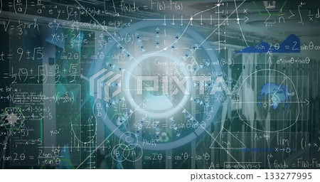 Displaying circular interface projecting math and physics formulas at lab with server racks and HUD Displaying circular interface projecting math and physics formulas at lab with server racks and HUD 133277995