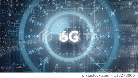 Showing virtual interface glowing with 6G symbol on screen, with rings, formulas and network nodes 133278000