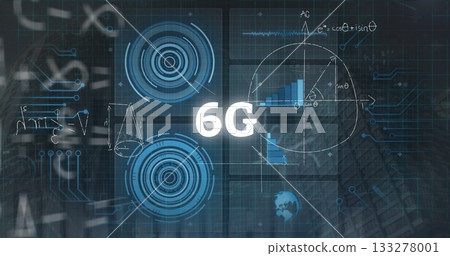 Displaying central 6G text on abstract interface scene, with HUD elements, translucent data panels 133278001
