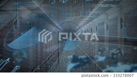 Displaying data center hall featuring interface overlays in facility with server racks and cables Displaying data center hall featuring interface overlays in facility with server racks and cables 133278007