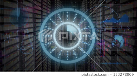 Displaying holographic interface projecting in server corridor, with LED lights and data panels 133278009
