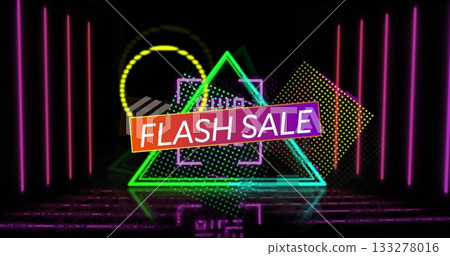 Shining neon Flash Sale banner glowing on glossy floor in showroom, with triangle and square shapes 133278016