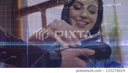 Processing contactless smartphone payment at checkout with terminal and smartwatch digital overlays 133278024