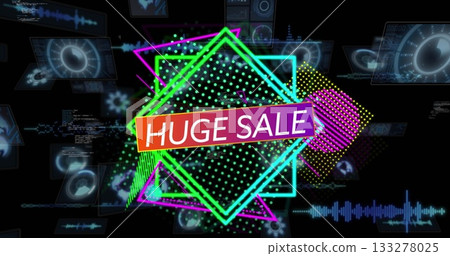 Displaying gradient huge sale banner in futuristic interface, with neon shapes and code overlays Displaying gradient huge sale banner in futuristic interface, with neon shapes and code overlays 133278025
