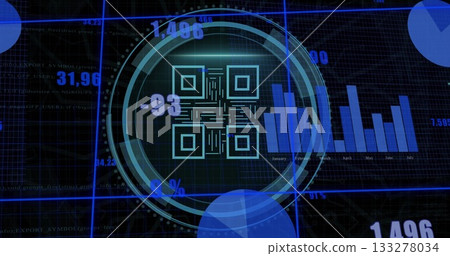 Displaying circular HUD on virtual dashboard with QR code and numeric overlays, with bar chart 133278034
