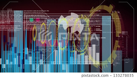 Displaying translucent data window in simulated control panel, with blue bar charts and code text 133278035