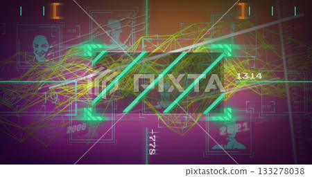 Displaying central slanted turquoise bars cutting neon green network in UI, with frames and numbers Displaying central slanted turquoise bars cutting neon green network in UI, with frames and numbers 133278038