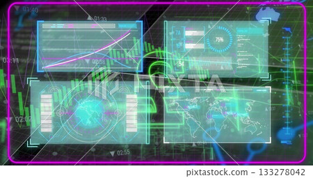 Displaying neon-blue windows on console showing line graph or metrics panel or circular chart or wor Displaying neon-blue windows on console showing line graph or metrics panel or circular chart or wor 133278042