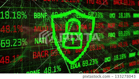 Neon green shield and padlock icon floating on dark screen, showing red green tickers, 3D network Neon green shield and padlock icon floating on dark screen, showing red green tickers, 3D network 133278043