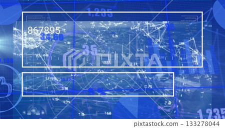 Displaying two white-outlined data panels in dashboard, with network node diagram and line graph Displaying two white-outlined data panels in dashboard, with network node diagram and line graph 133278044