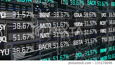 Displaying digital dashboard at trading interface, showing ticker codes, percentages, data graphs Displaying digital dashboard at trading interface, showing ticker codes, percentages, data graphs 133278046