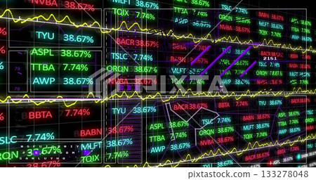 Displaying real-time market data in trading room, with ticker symbols, percentages and line graphs Displaying real-time market data in trading room, with ticker symbols, percentages and line graphs 133278048