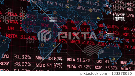 Displaying world map outline showing stock tickers, percentages and hexagon clusters on dashboard Displaying world map outline showing stock tickers, percentages and hexagon clusters on dashboard 133278050