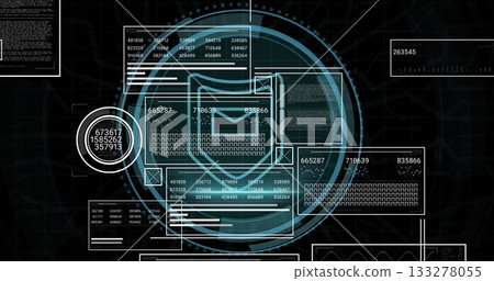 Displaying interface floating data panels in virtual dashboard, with central HUD and envelope icon 133278055