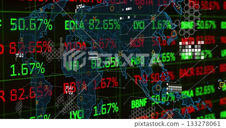 Displaying financial dashboard showing stock tickers and percentage values over map outline Displaying financial dashboard showing stock tickers and percentage values over map outline 133278061