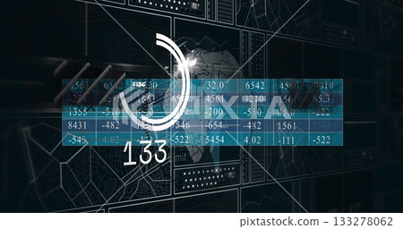 Displaying central data panel on control interface, with world map, blue data table, gauge 133 133278062