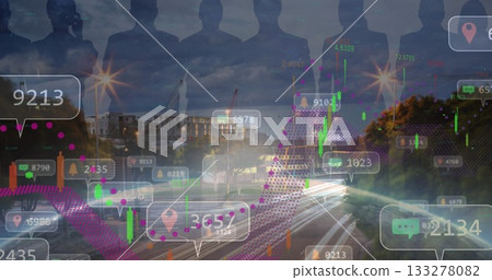 Displaying curved roadway showing red light trails at riverside with pin icons, chat bubbles Displaying curved roadway showing red light trails at riverside with pin icons, chat bubbles 133278082