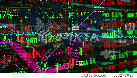 Displaying digital stock market interface on trading screen, with candlestick bars and arrow icons Displaying digital stock market interface on trading screen, with candlestick bars and arrow icons 133278083