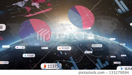 Displaying Earth globe showing curvature in orbit, with pie charts, bar and line graphs, data icons Displaying Earth globe showing curvature in orbit, with pie charts, bar and line graphs, data icons 133278084
