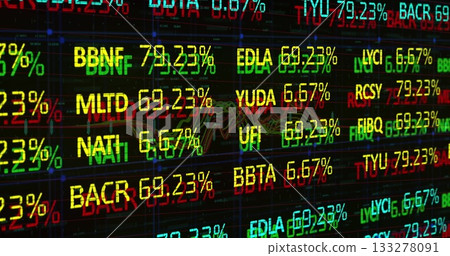 Displaying LED ticker showing stock symbols and percentages on trading floor, with chart overlays 133278091
