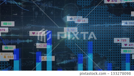Presenting data dashboard with rising blue bar charts and social media icons on world map grid 133278098