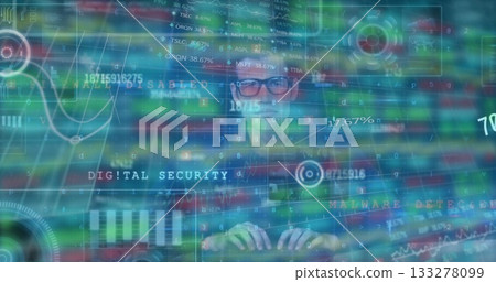 Typing IT specialist in dark shirt and glasses operating keyboard at office, with security graphics Typing IT specialist in dark shirt and glasses operating keyboard at office, with security graphics 133278099