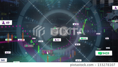 Displaying 6G network label pulsing at digital interface, with candlestick charts and user icons 133278107
