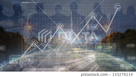 Showing rising line graph over highway light trails at night, with silhouettes in business suits Showing rising line graph over highway light trails at night, with silhouettes in business suits 133278114