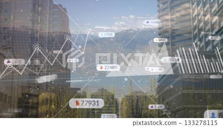 Displaying data visualizations over urban canyon, with line and area charts, numbers and icons Displaying data visualizations over urban canyon, with line and area charts, numbers and icons 133278115