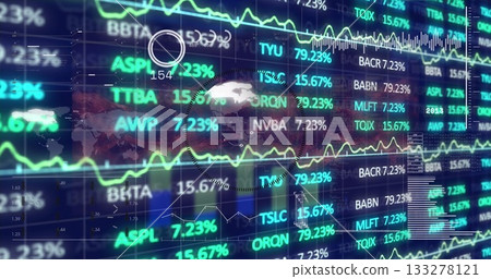 Displaying financial dashboard on screen with scrolling tickers, percent values and globe overlay Displaying financial dashboard on screen with scrolling tickers, percent values and globe overlay 133278121