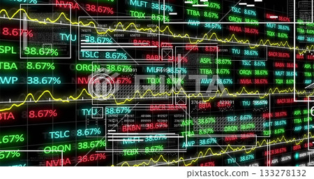 Displaying panels showing stock tickers and percentages with yellow line graphs in trading terminal Displaying panels showing stock tickers and percentages with yellow line graphs in trading terminal 133278132
