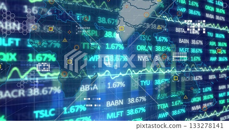 Displaying world map grid fluctuating BBTA TYU tickers and percentage in trading interface 133278141